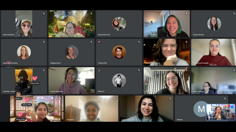 A zoom screen filled with images of cohort participants, featuring many smiling faces and user avatars.